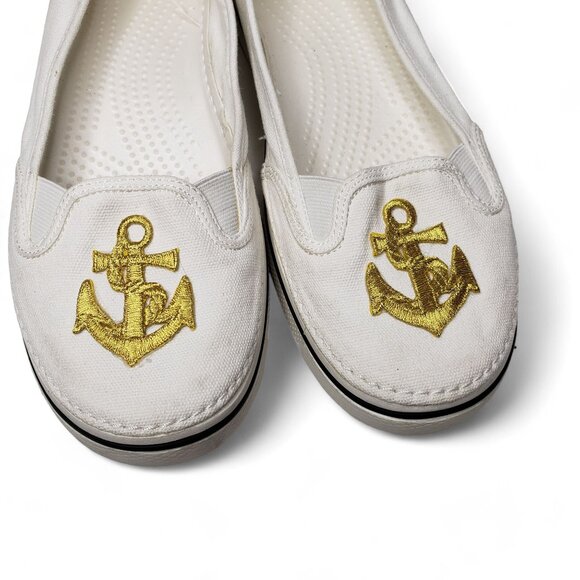 Crocs Nautical Loafer Women's Canvas Embroidered Metallic Gold Anchor Slip On 10 - Picture 7 of 13